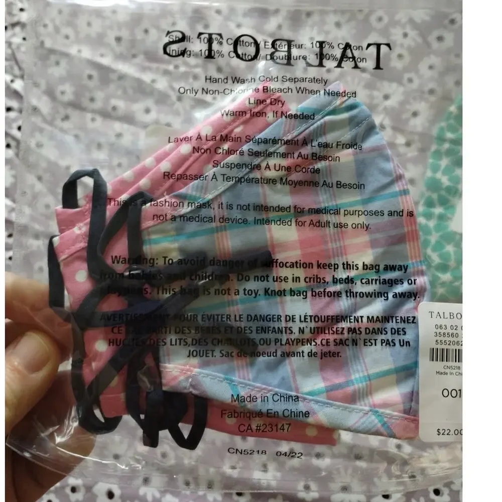 Talbots NEW Lot of 2 Sets (Total of 4) Re-Usable Printed Cloth Face Masks